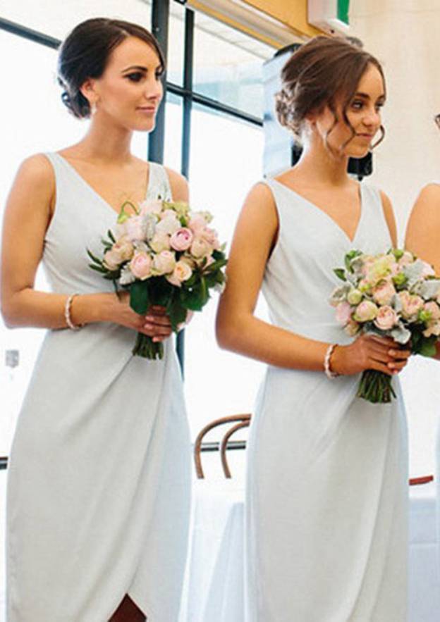 Bridesmaids Dresses Ivory Tea-Length Short Sleeves Ruffles A-Line Stretch Satin Bridesmaid Dresses