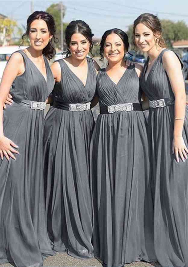 A-Line/Princess V-Neck Long/Floor-Length Chiffon Bridesmaid Dress With ...