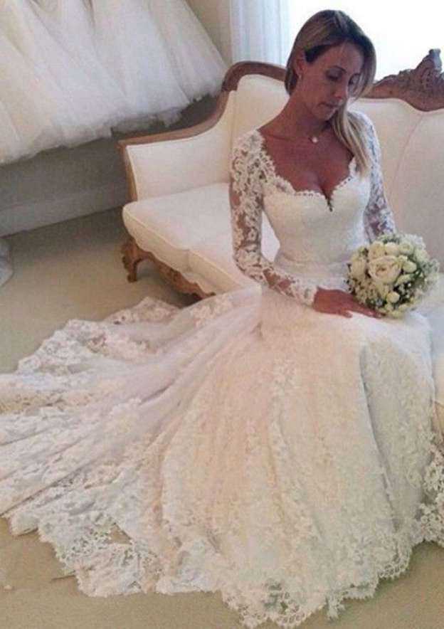 Floral Lace Wide Straps A-Line Court Train Wedding Dress