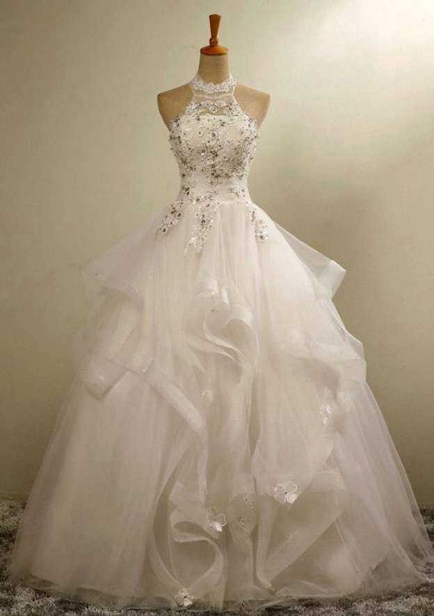 A-Line/Princess Halter Neck Long Sleeves Floor-Length Long Wedding Dress with Lace & Appliques
