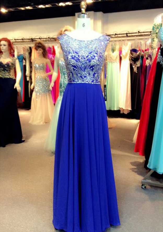 Simple Long A-line Bateau Sequin Prom Dress