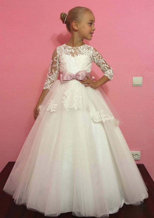 chinese dress ladies Long Sleeves Lace Tulle Flower Girl Dresses – ClaireBridal main image 0