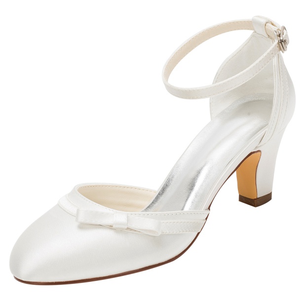 Women's Close Toe Wedding Shoes Chunky Heel White Satin