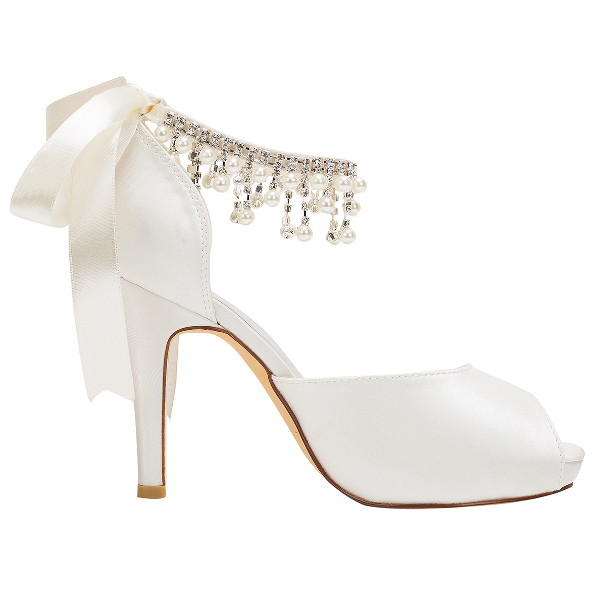 Peep Toe Platform Stiletto Heel Ivory Satin Beadedsashes Wedding Shoes