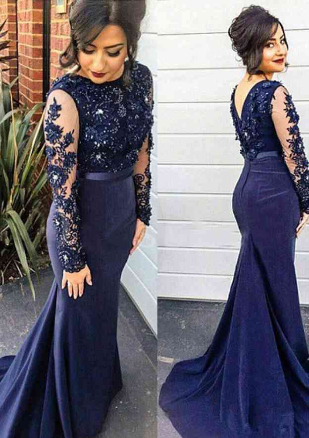 Full Length Dress with ILLusion NECK Dark Navy Plus Size