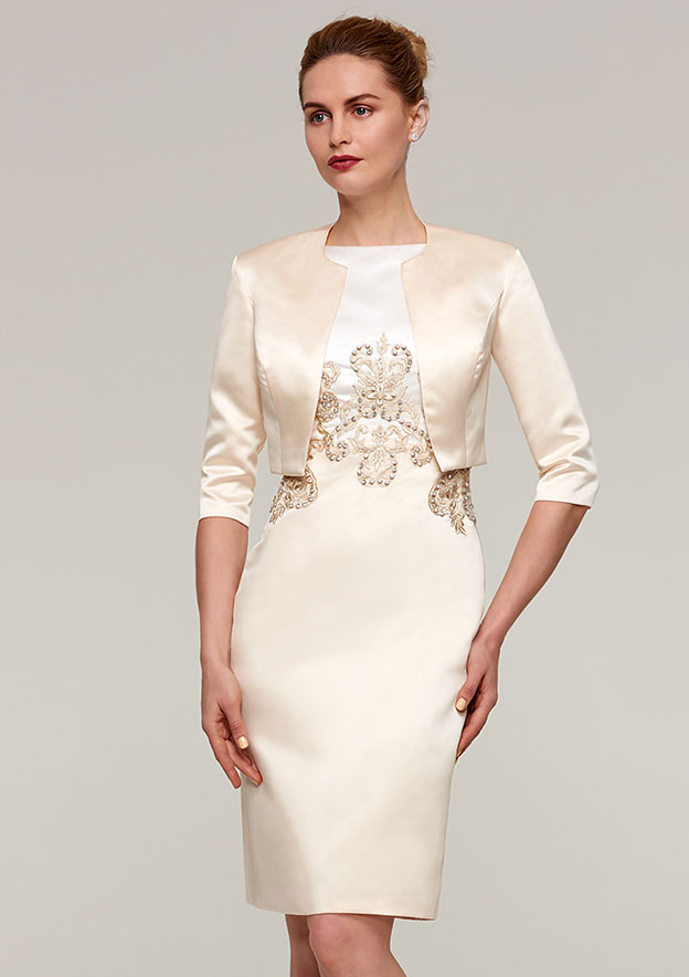 Stacees Mother of the Bride Dresses Bateau Knee-Length Satin Jacket Appliqued Beading - Champagne Stacees Mother of the Bride Dresses Bateau Knee-Length Satin Jacket Appliqued Beading - Champagne