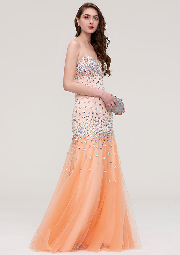 A-Line/Princess Strapless Sleeveless Floor-length Long Formal Evening Dresses with Split Side