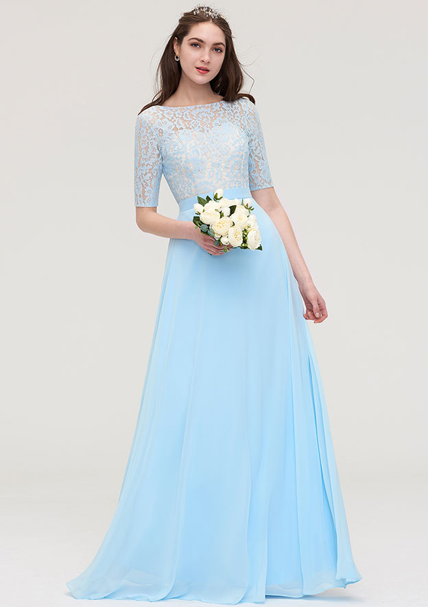 Classic A-line Cap Sleeves Bateau Lace Tulle Floor-length Bridesmaid Dresses main image 1