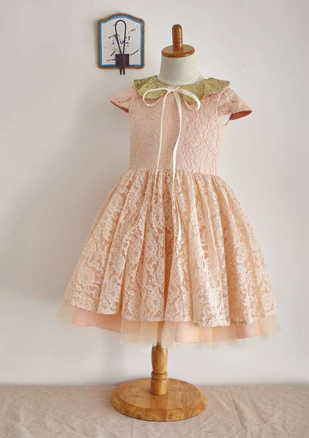 Sleeveless Round Neck Lace Sequin Tulle Flower Girl Dress Cute A-Line Flowy Dress with Bow Detail main image 0