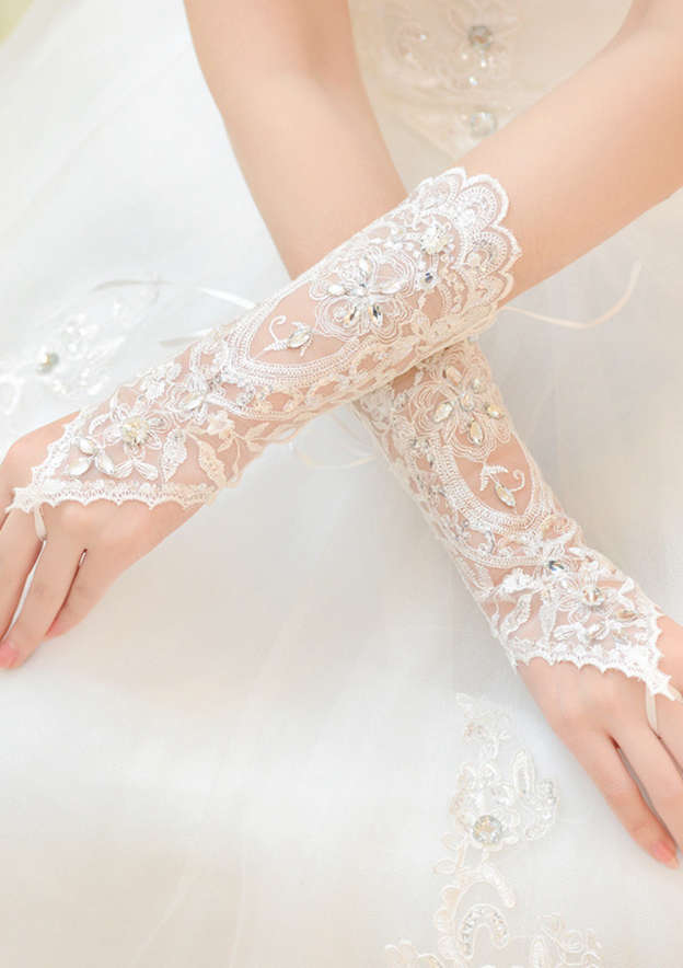 DreamHigh Satin Lace Fingerless Gloves – Elbow Length Wedding, Party & Evening Gloves For Women (White, Red, Black, Champagne)