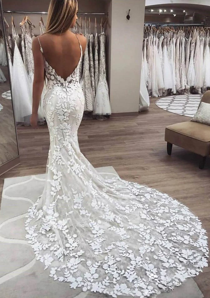 Lace Wedding Dress Trumpet/Mermaid Sleeveless Chapel Train With Appliqued