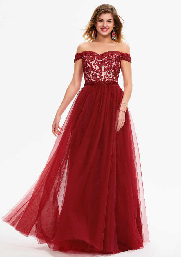 A-Line/Princess Off-the-Shoulder Floor-Length Sequins Prom Dresses With Leg Slit main image 1