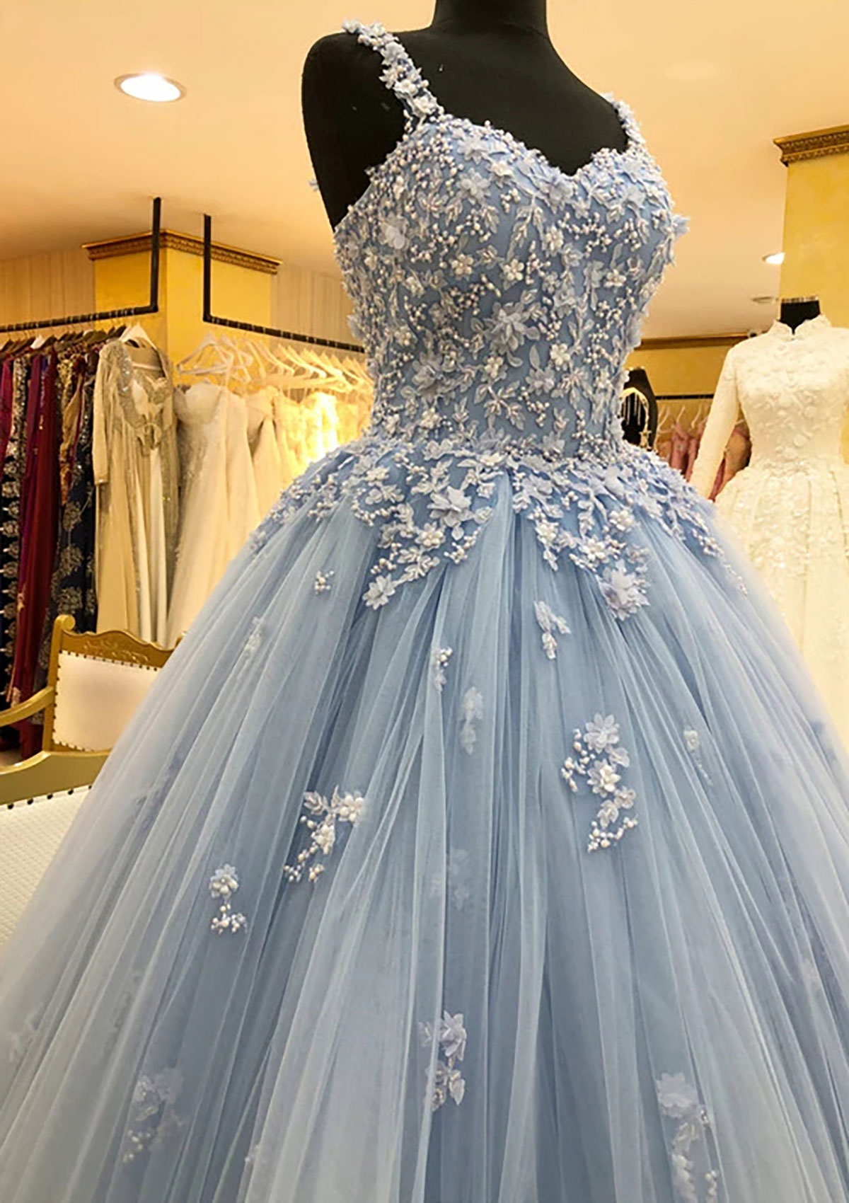 beautiful prom dresses Blue Off Shoulder Flower Appliques A-line Long Modest Beautiful Prom Dresses TP0176-Tirdresses US18 / As Picture main image 1