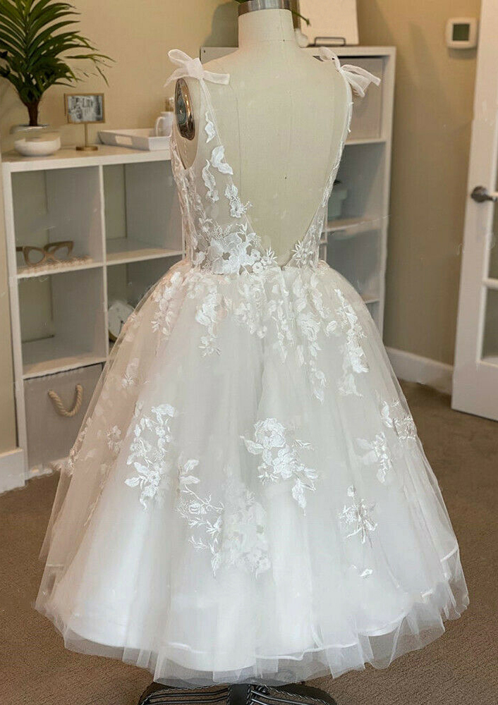 A-line V Neck Lace Tulle Tea-Length Wedding Dress