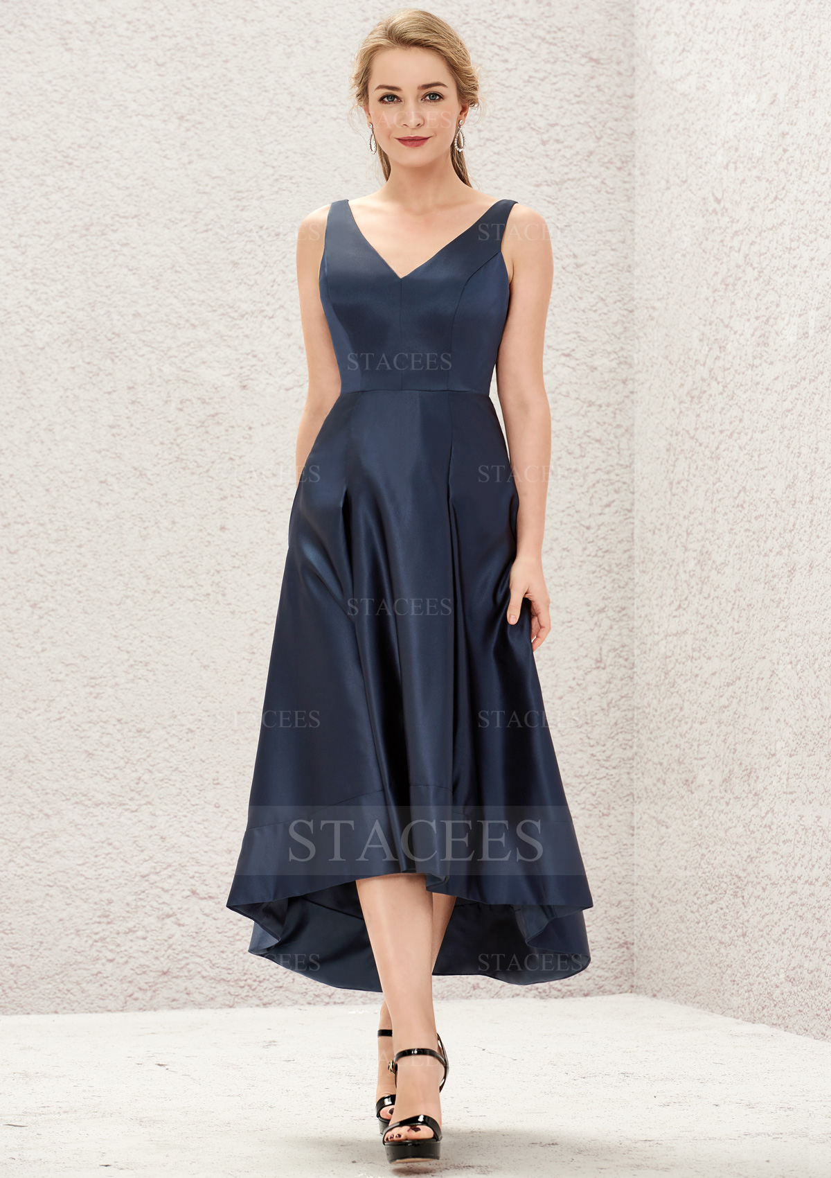 Stacees Bridesmaid Dress A-line V Neck Asymmetrical Satin Pockets - Dark Navy