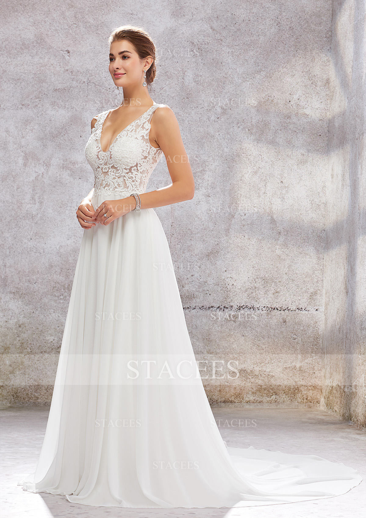 A-line V Neck Sleeveless Court Train Lace Chiffon Wedding Dress
