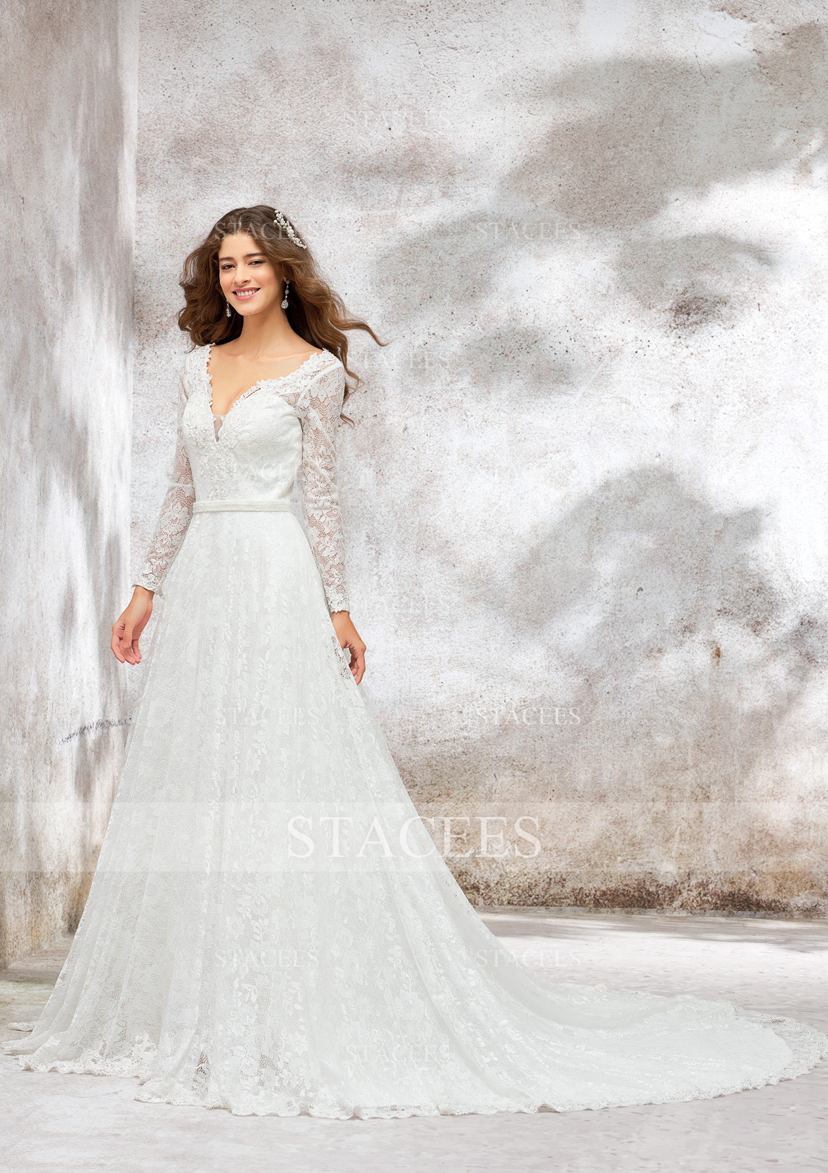 Stacees Wedding Dress A-line Princess V Neck Full/Long Sleeve Lace Chapel Train Sashes Sequins - Ivory Stacees Wedding Dress A-line Princess V Neck Full/Long Sleeve Lace Chapel Train Sashes Sequins - Ivory