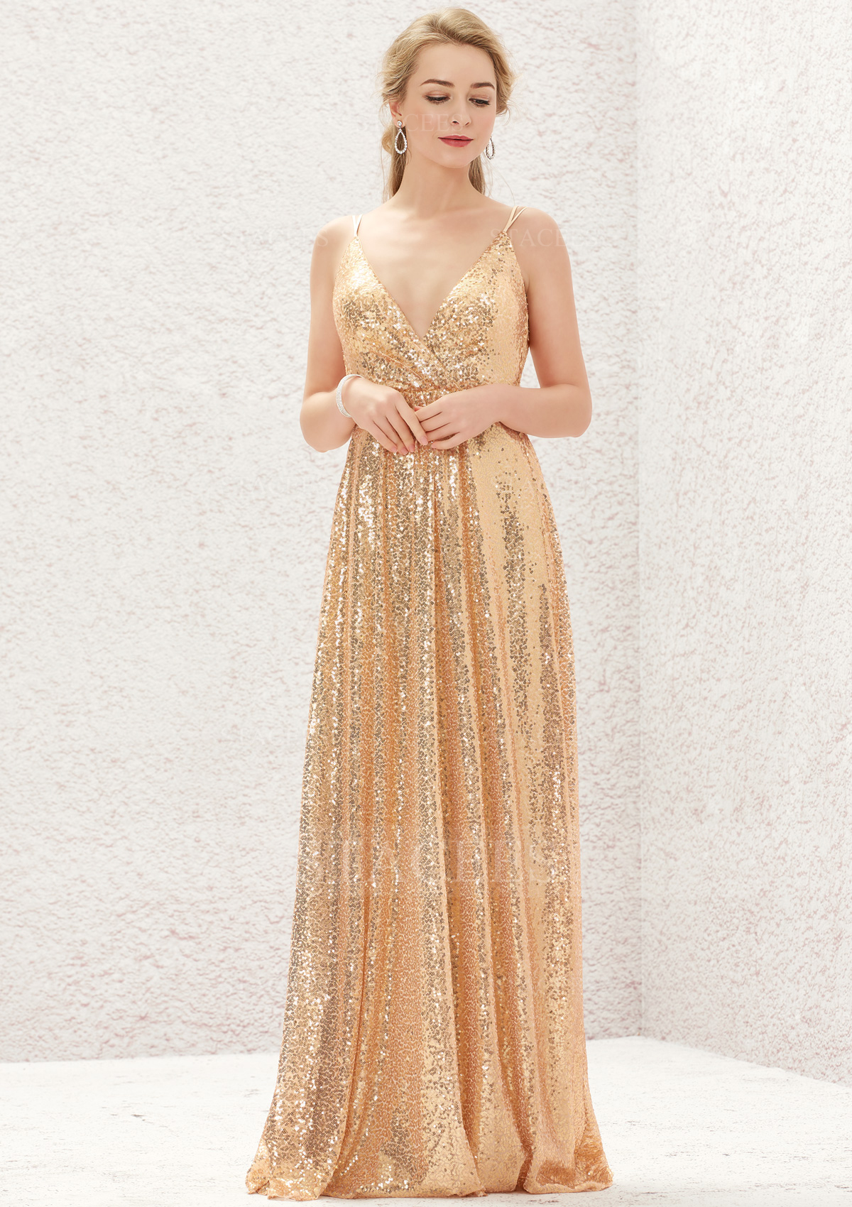 A-line Empire V Neck Long/Floor-Length Sequined Bridesmaid Dress With Lace  Pleated - Bridesmaid Dresses - Stacees.co.uk