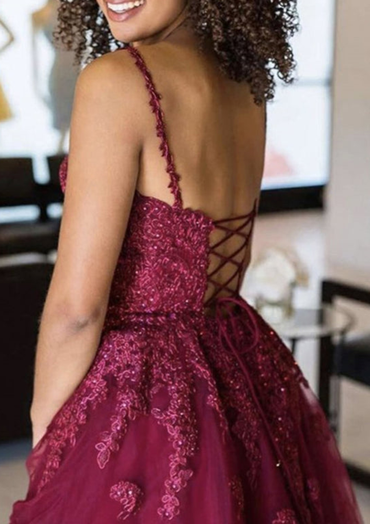 burgundy v neck homecoming dress Burgundy Glitter V-Neck Sleeveless Prom Dress main image 0