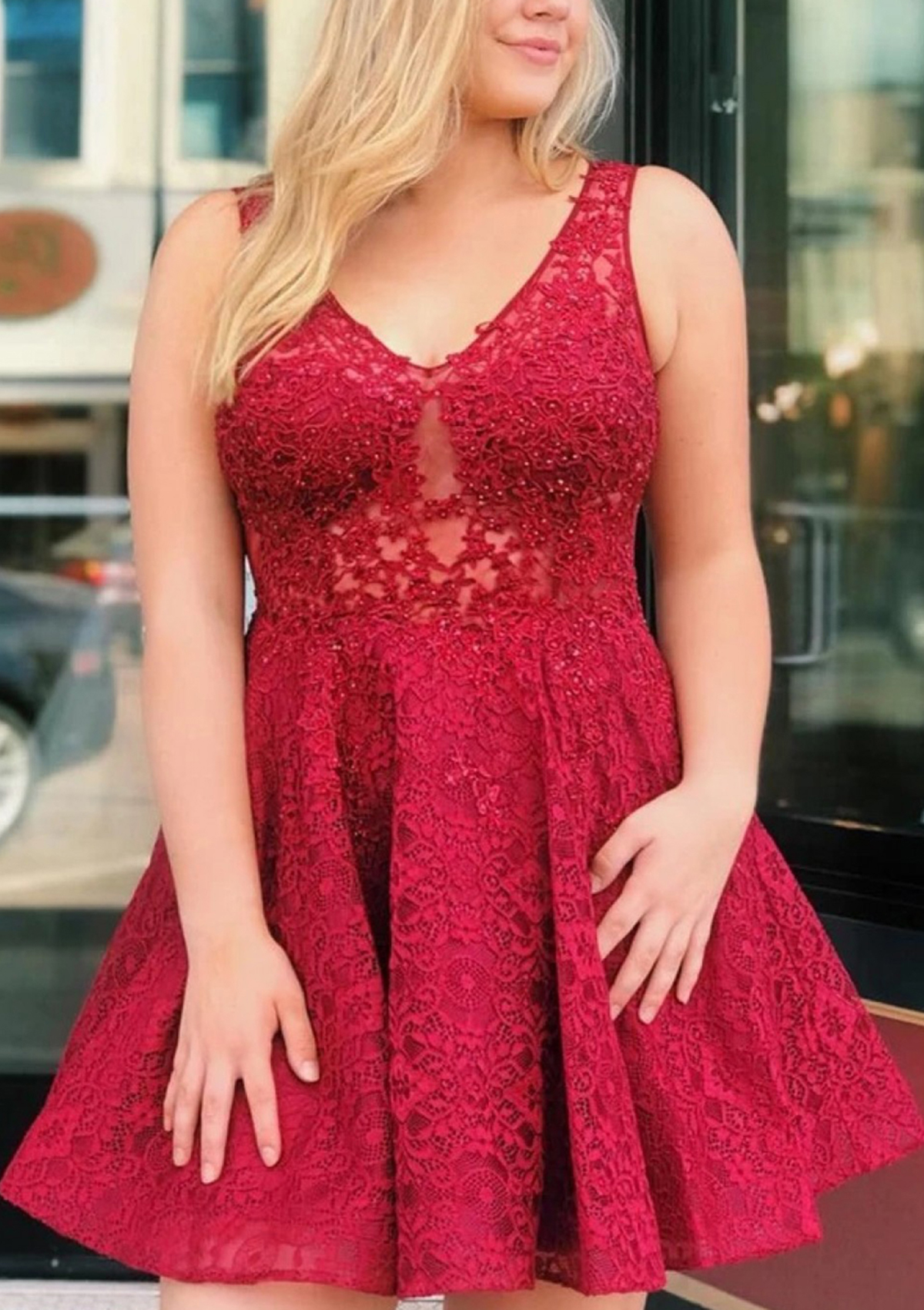 A-line V Neck Sleeveless Lace Short/Mini Homecoming Dress With Beading - Homecoming Dresses - Stacees A-line V Neck Sleeveless Lace Short/Mini Homecoming Dress With Beading - Homecoming Dresses - Stacees