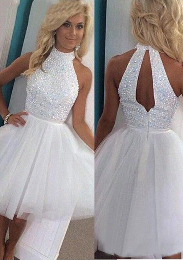Unique A Line Halter Pleated Satin Short Homecoming Dress 19th Birthday Outfits main image 1