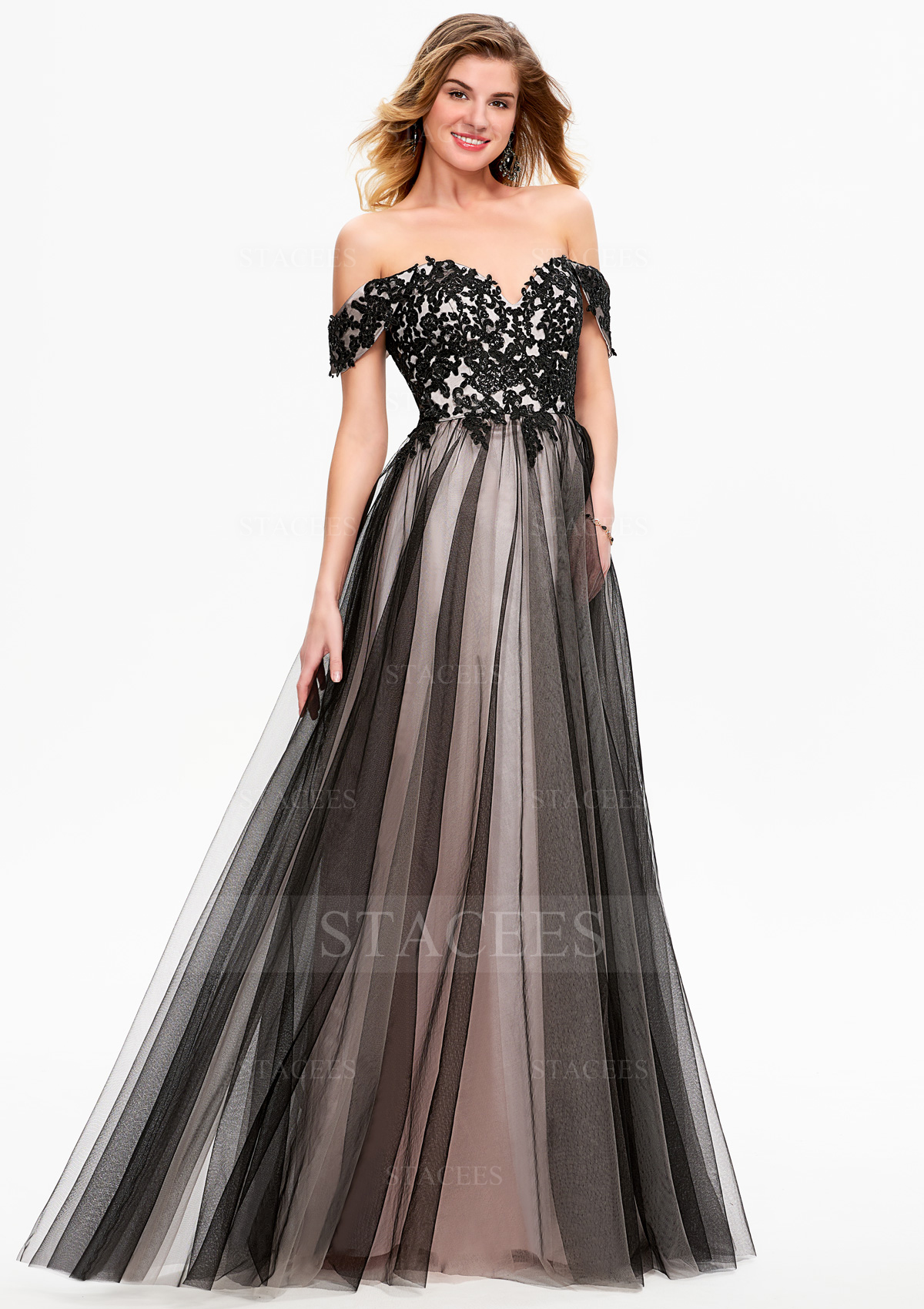 A-line Princess Off-the-Shoulder Sleeveless Tulle Satin Long/Floor-Length  Prom Dresses With Appliqued Sequins - Prom Dresses - Stacees