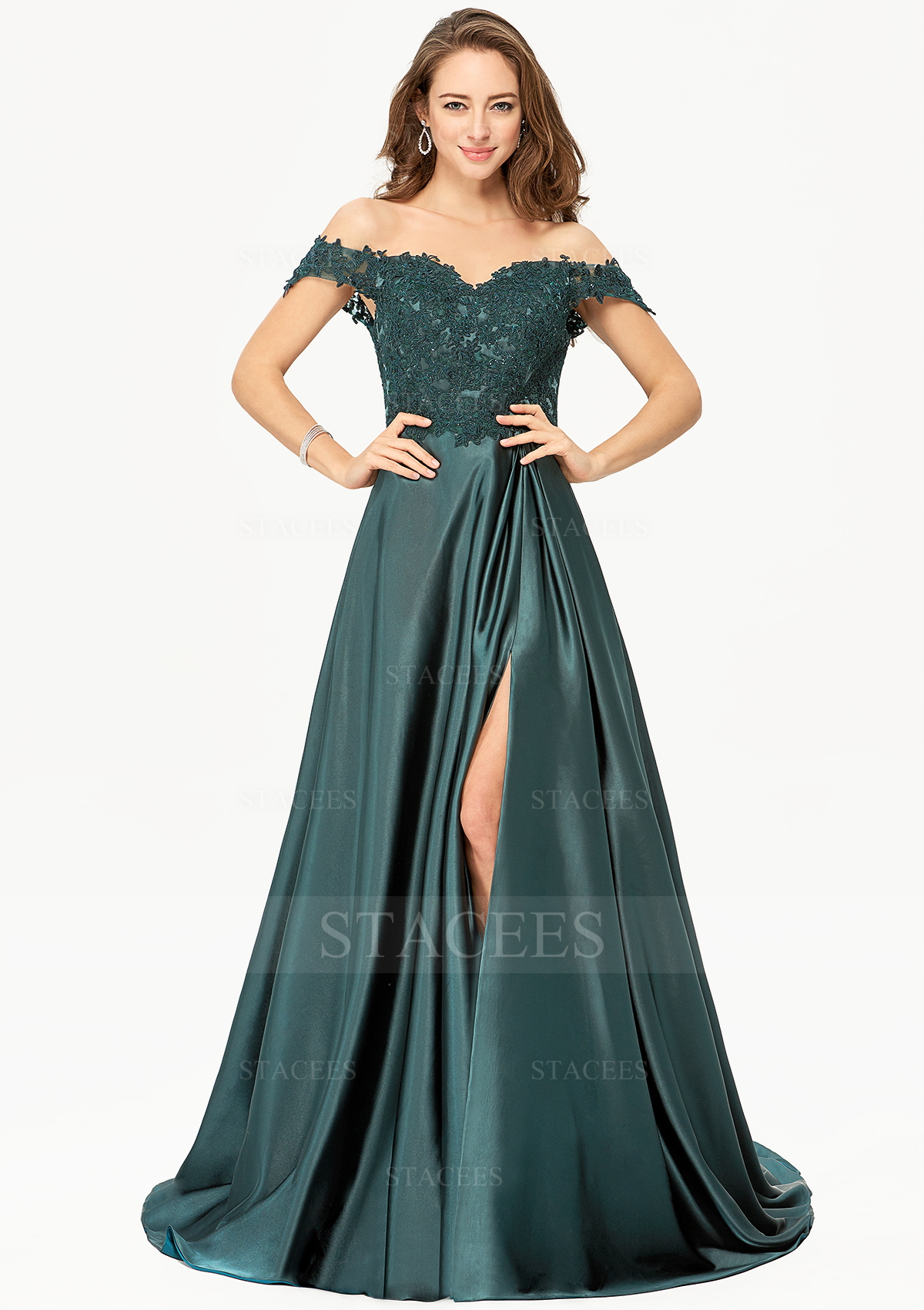 A-line Off-the-Shoulder Sleeveless Charmeuse Court Train Prom Dress With  Lace Split - Prom Dresses - Stacees