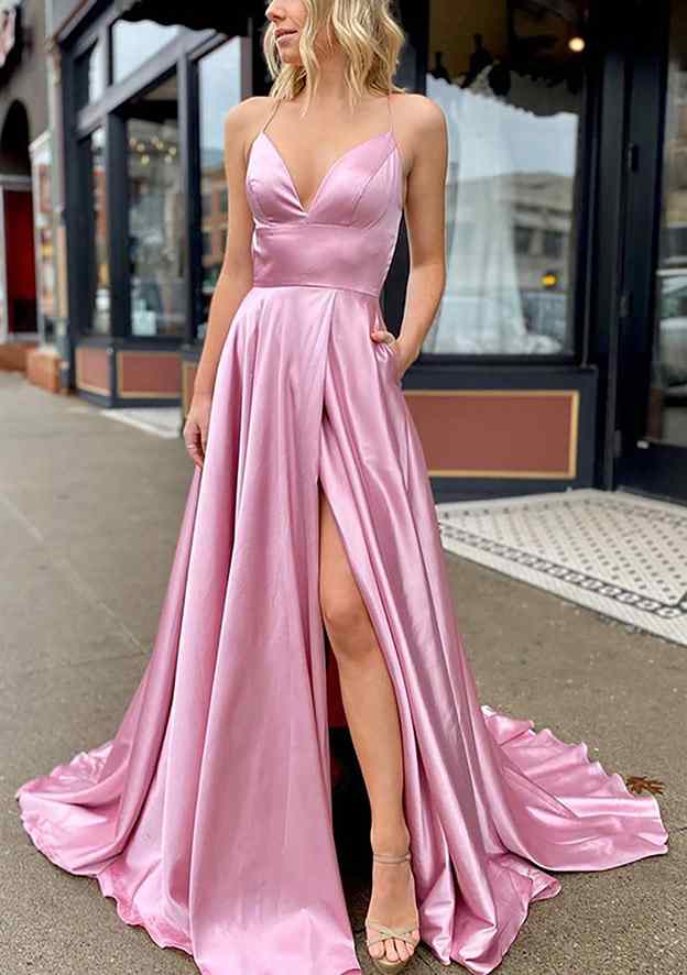 Aline V Neck Charmeuse Sweep Train Prom Dress With Pockets Prom