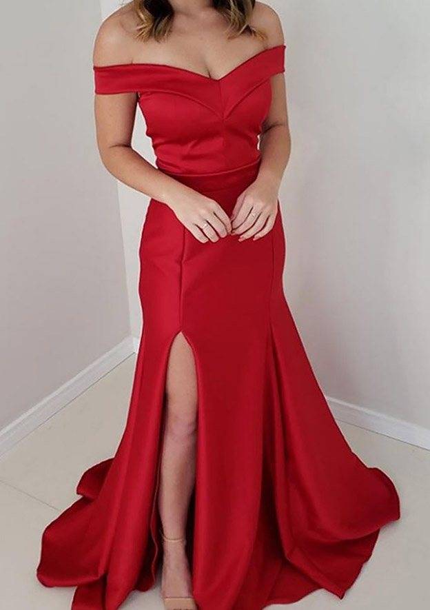 Affordable Fitted Off the Shoulder Sleeveless Satin Floor-Length Prom Dress