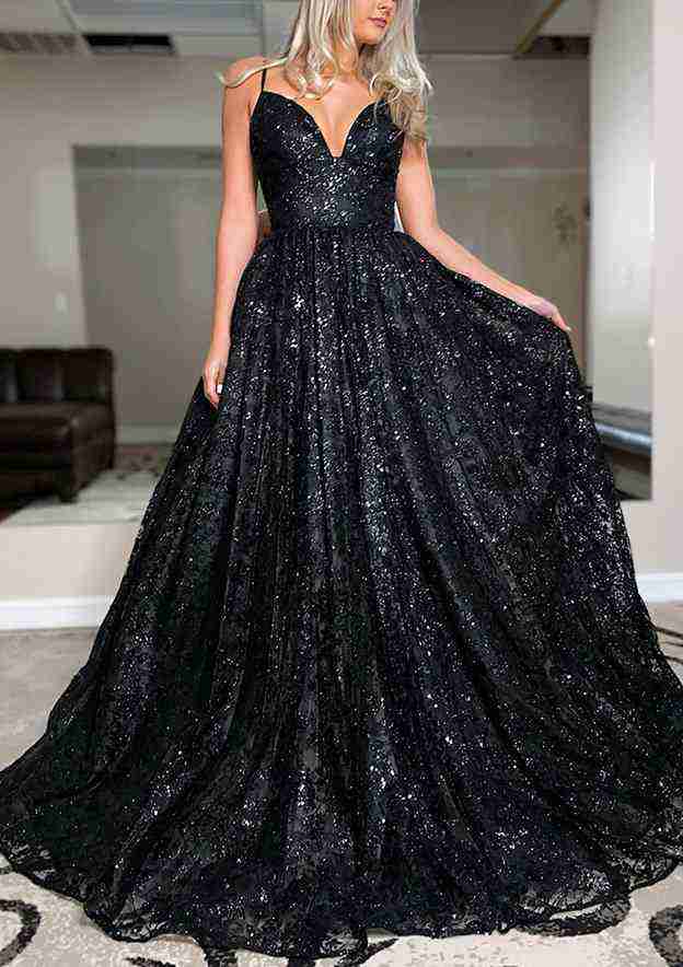 Ball Gown V Neck Sleeveless Sequined Sweep Train Prom Dress
