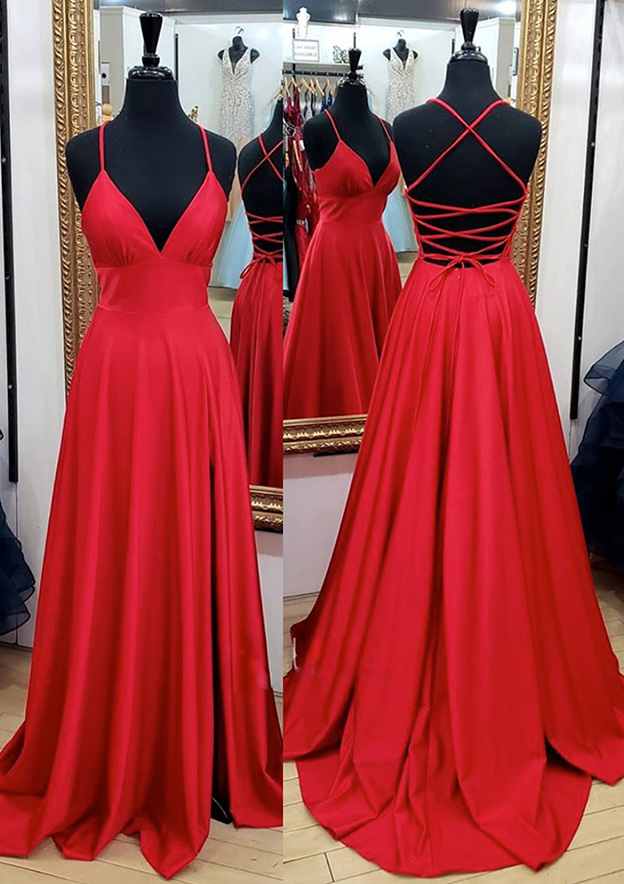 Sexy Red V Neck Lace-up Open Back Long Charmeuse Prom Dress, Split