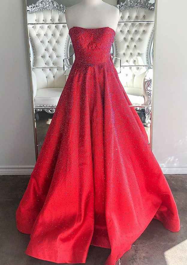 A-Line Satin Empire-Waist Sleeveless Strapless Pleated Long Prom Dress main image 1