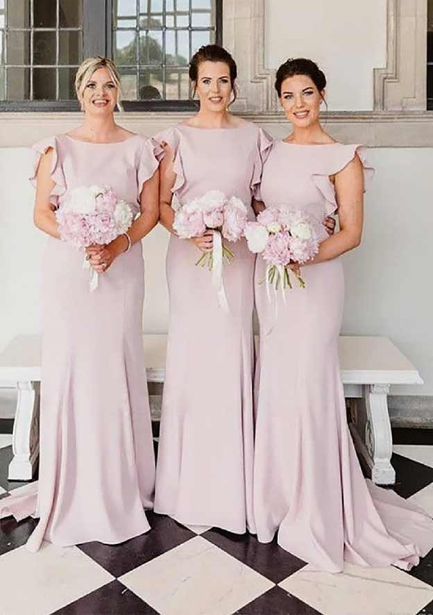 Sheath One Shoulder Satin Bridesmaids Dress Sweep Train with Lace LBQB0056 main image 1