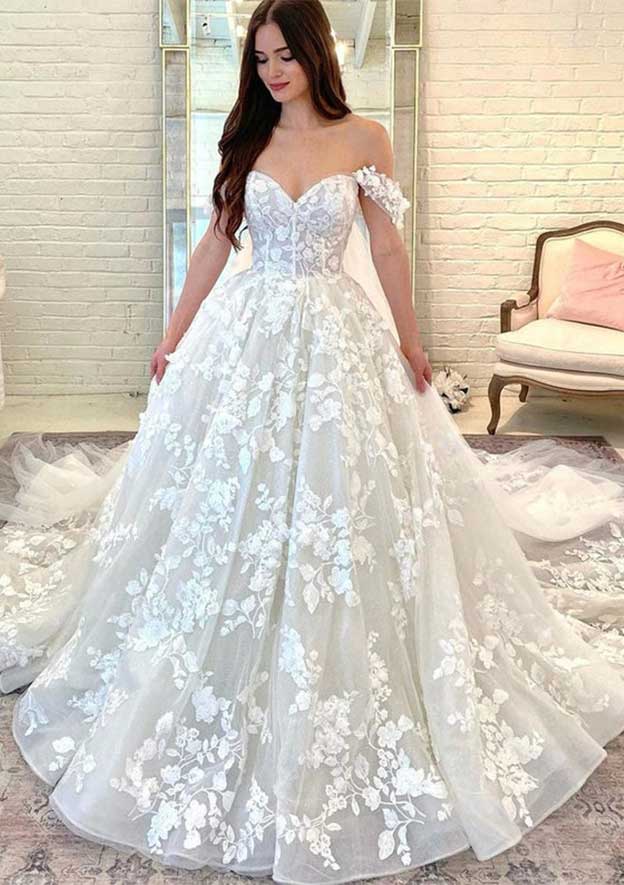 Ball Gown Off-the-Shoulder Sleeveless Chapel Train Tulle Wedding Dress with Appliqued