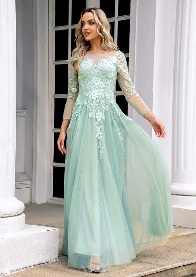 A-line Illusion Neck Full/Long Sleeve Long/Floor-Length Tulle Prom Dress  with Appliqued - Prom Dresses - Stacees
