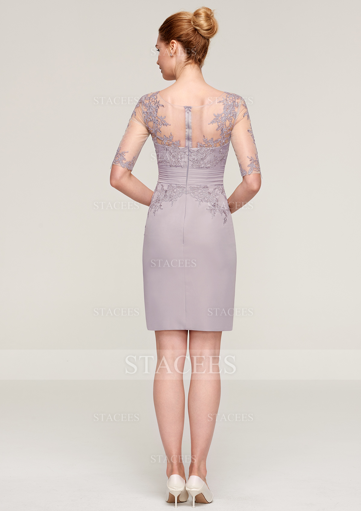 Stacees Mother of The Bride Dresses Bateau Half Sleeve Knee-Length Elastic Satin Jacket Appliqued Beading Pleated - Muti Colors