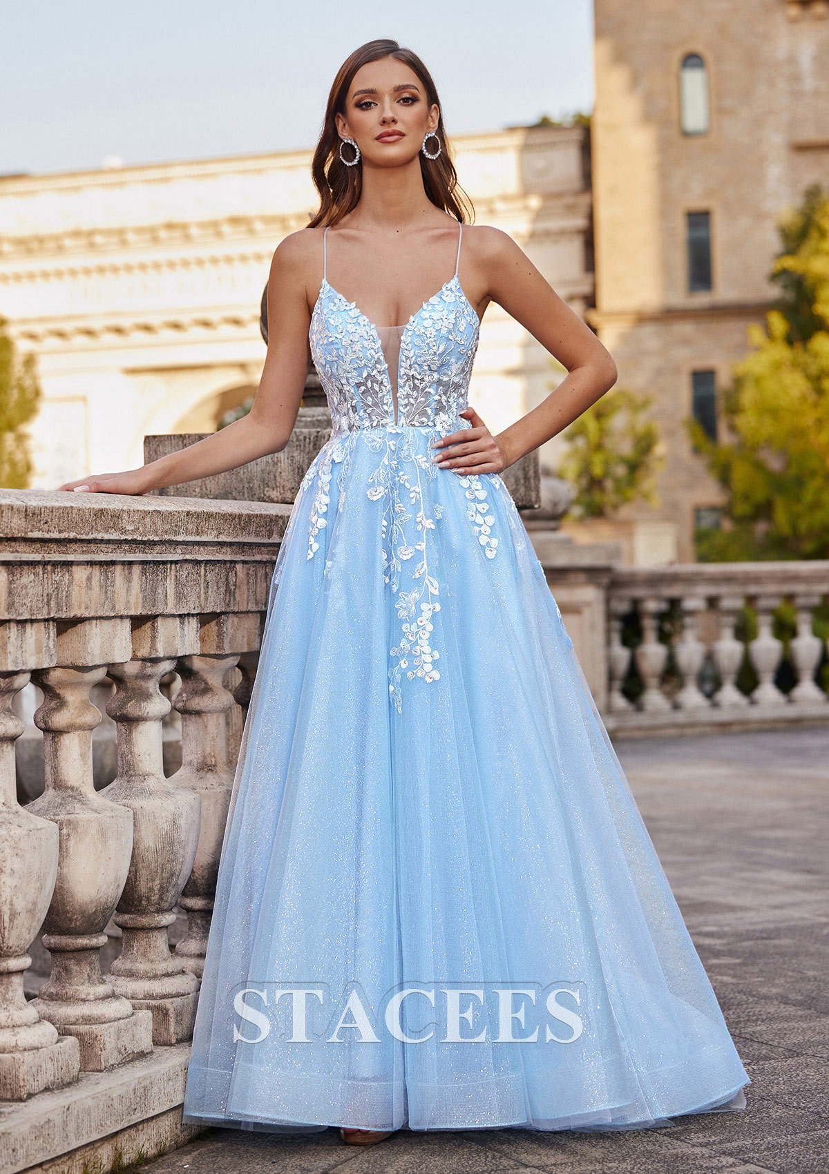 Princess V Neck Straps Sky Blue Tulle Glitter Prom Dress, Pockets