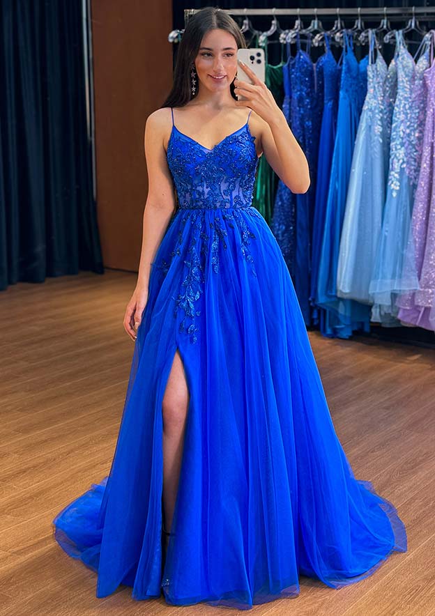 Aline Princess V Neck Sleeveless Court Train Tulle Prom Dress with