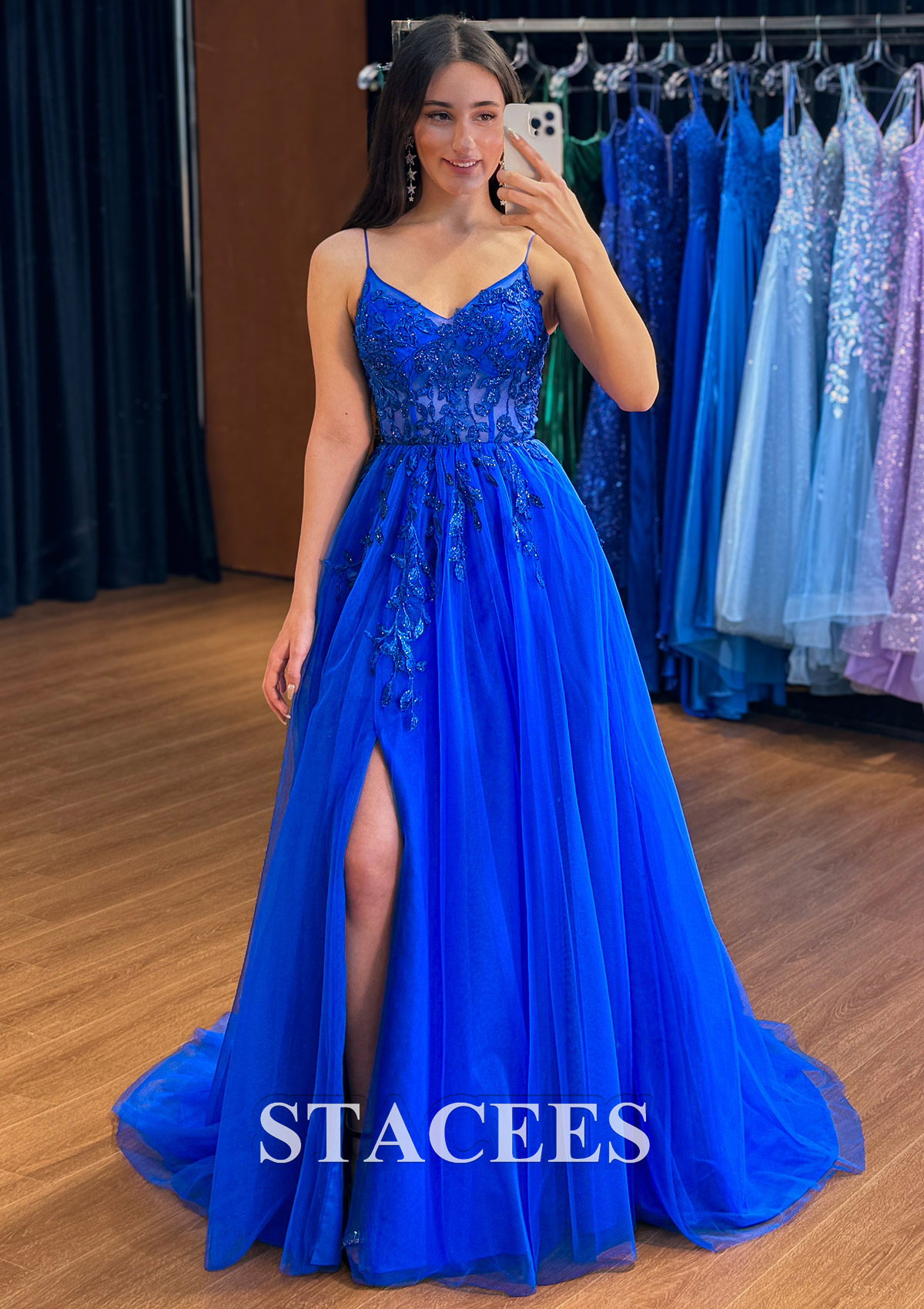 Halter V-neck Sleeveless Court Train Half Navy Blue Prom Dresses main image 1