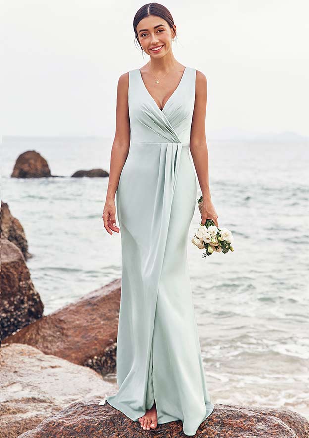 Sheath/Column V Neck Sleeveless Floor-Length Stretch Satin Bridesmaid Dress with Pleated Split S7454B - Bridesmaid Dresses - Stacees Sheath/Column V Neck Sleeveless Floor-Length Stretch Satin Bridesmaid Dress with Pleated Split S7454B - Bridesmaid Dresses - Stacees