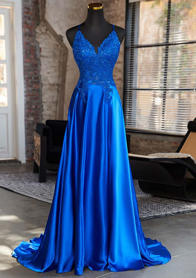 A-line V Neck Sleeveless Sweep Train Charmeuse Prom Dress with Appliqued Pockets Sequins