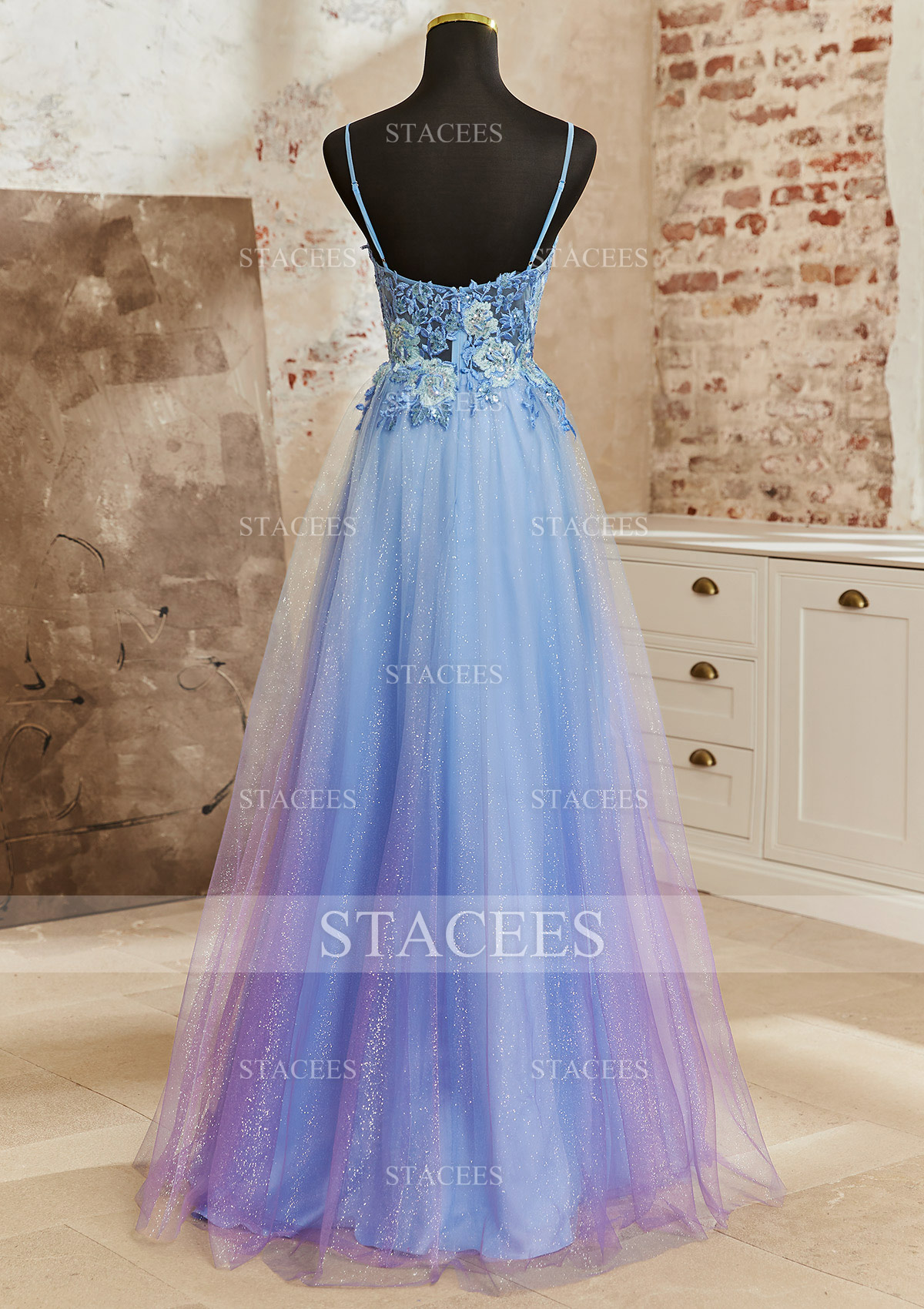 A-line V Neck Sleeveless Floor-Length Tulle Prom Dress with Appliqued Beading Glitter S7942P - Prom Dresses - Stacees A-line V Neck Sleeveless Floor-Length Tulle Prom Dress with Appliqued Beading Glitter S7942P - Prom Dresses - Stacees