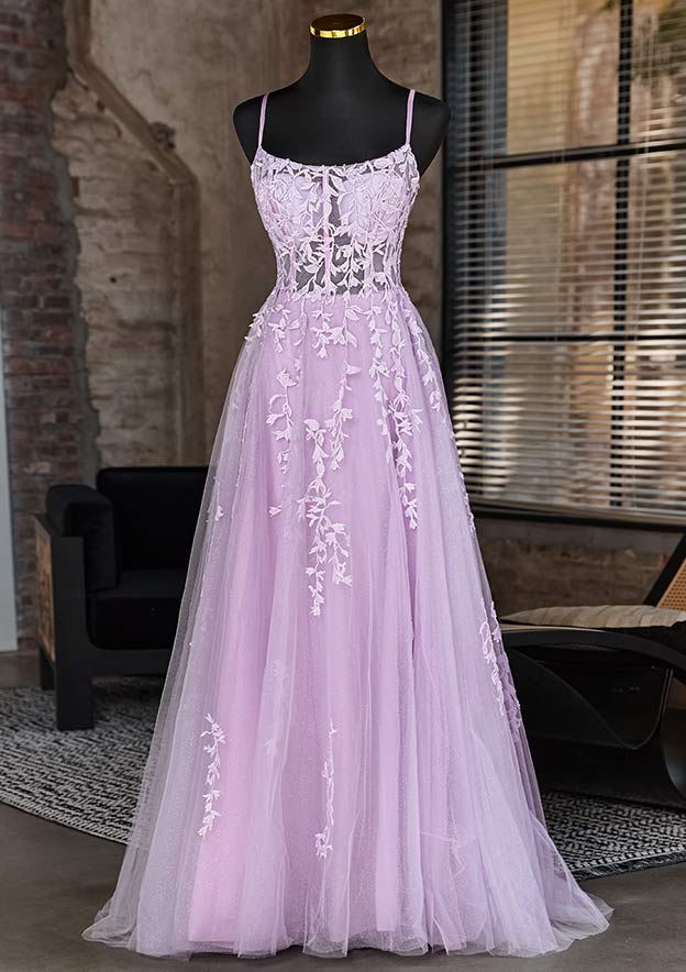A-line Scoop Neck Spaghetti Straps Sweep Train Appliqued Tulle Prom Dress, Glitter