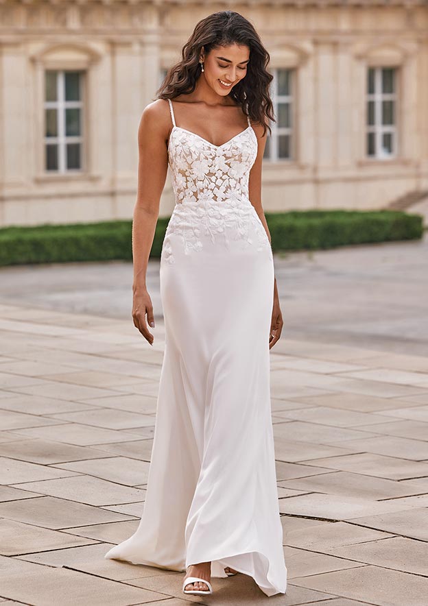 A-line Square Neckline Elastic Satin Stretch Crepe Chapel