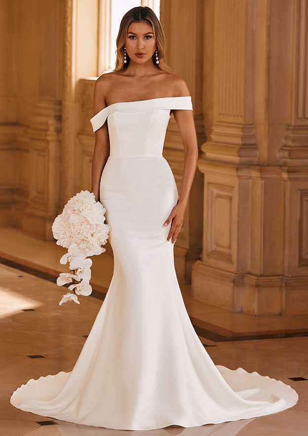 Trumpet/Mermaid Off-the-Shoulder Stretch Crepe Chapel Train