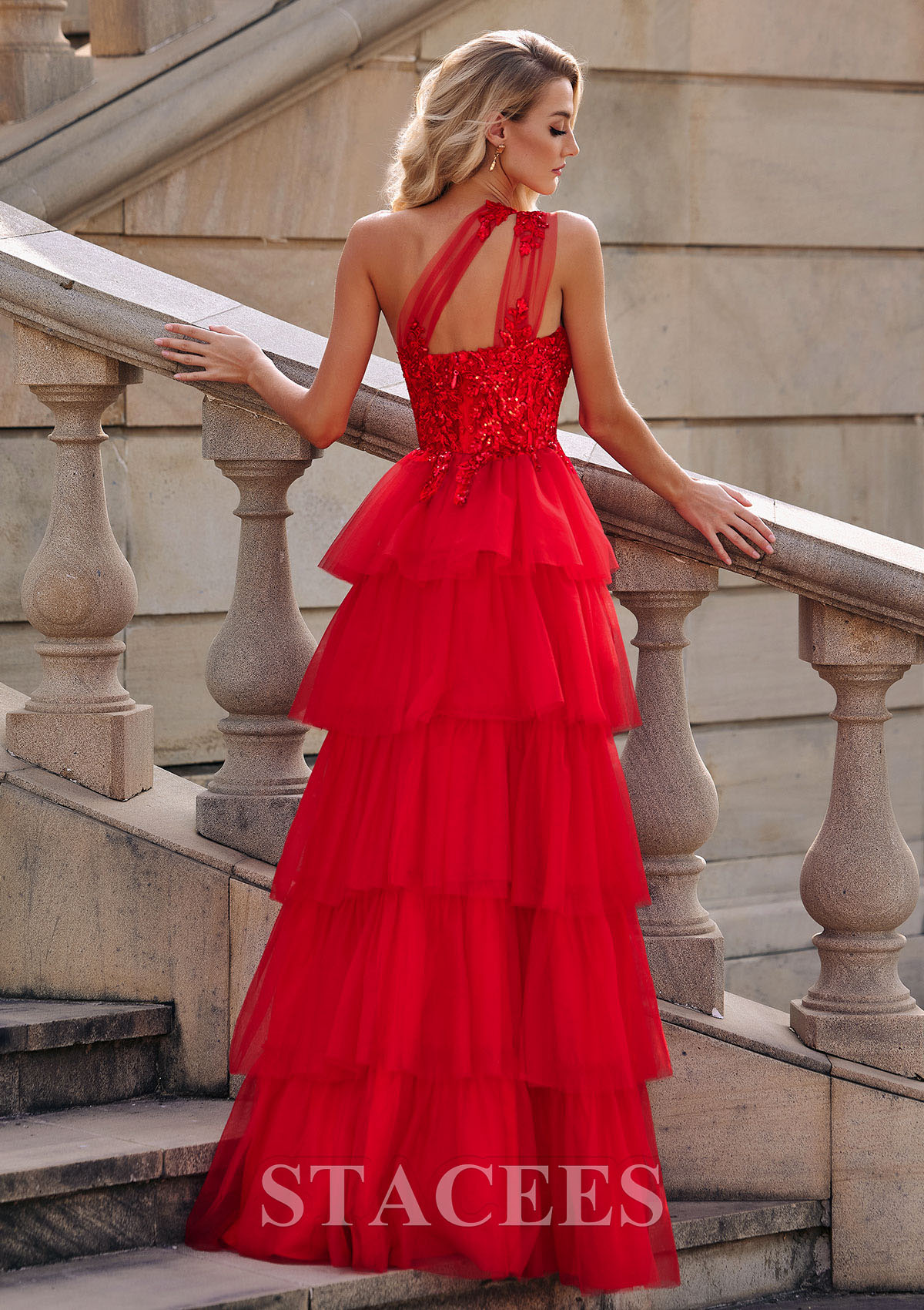 Aline OneShoulder Tulle FloorLength Prom Dress with Appliqued