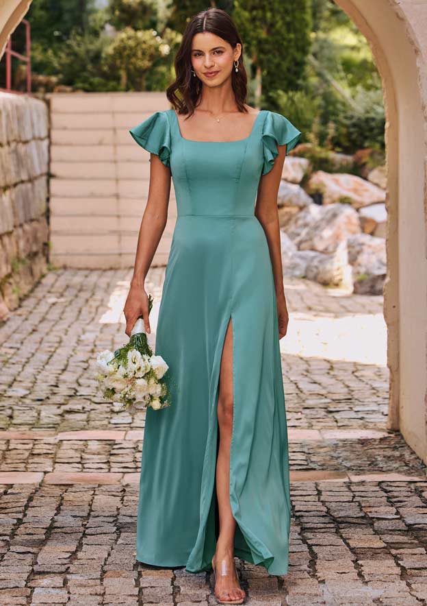 A-line Square Neckline Flutter Sleeve Stretch Satin Bridesmaid