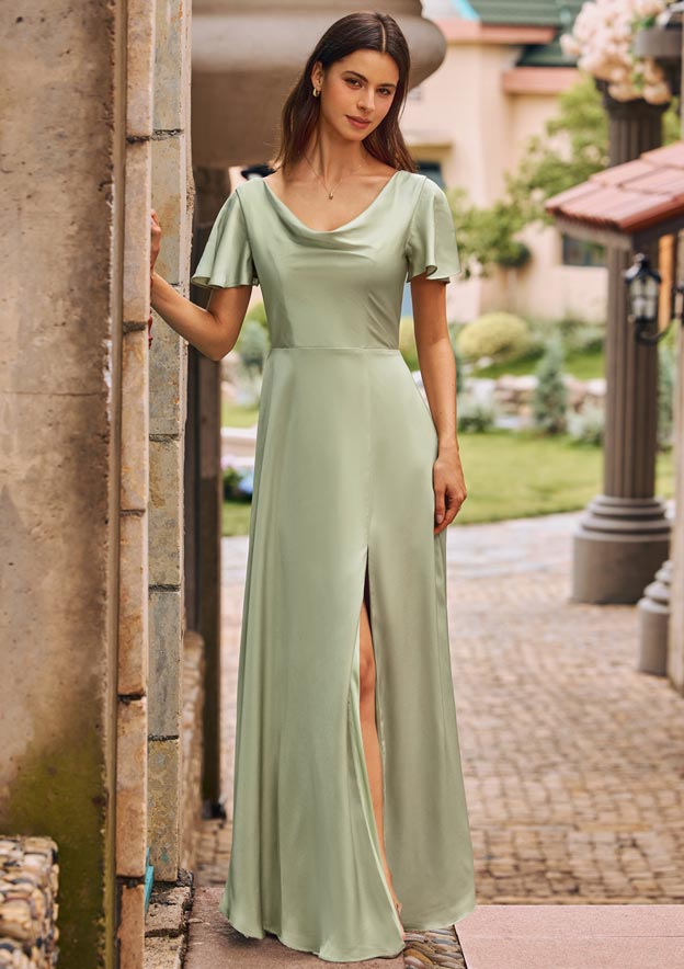 knee length dresses for ladies Zapaka Women Grey Green Bridesmaid Dress with Slit Square Neck Printed Flower Wedding Guest Dress, Dusty Sage / US16W main image 1