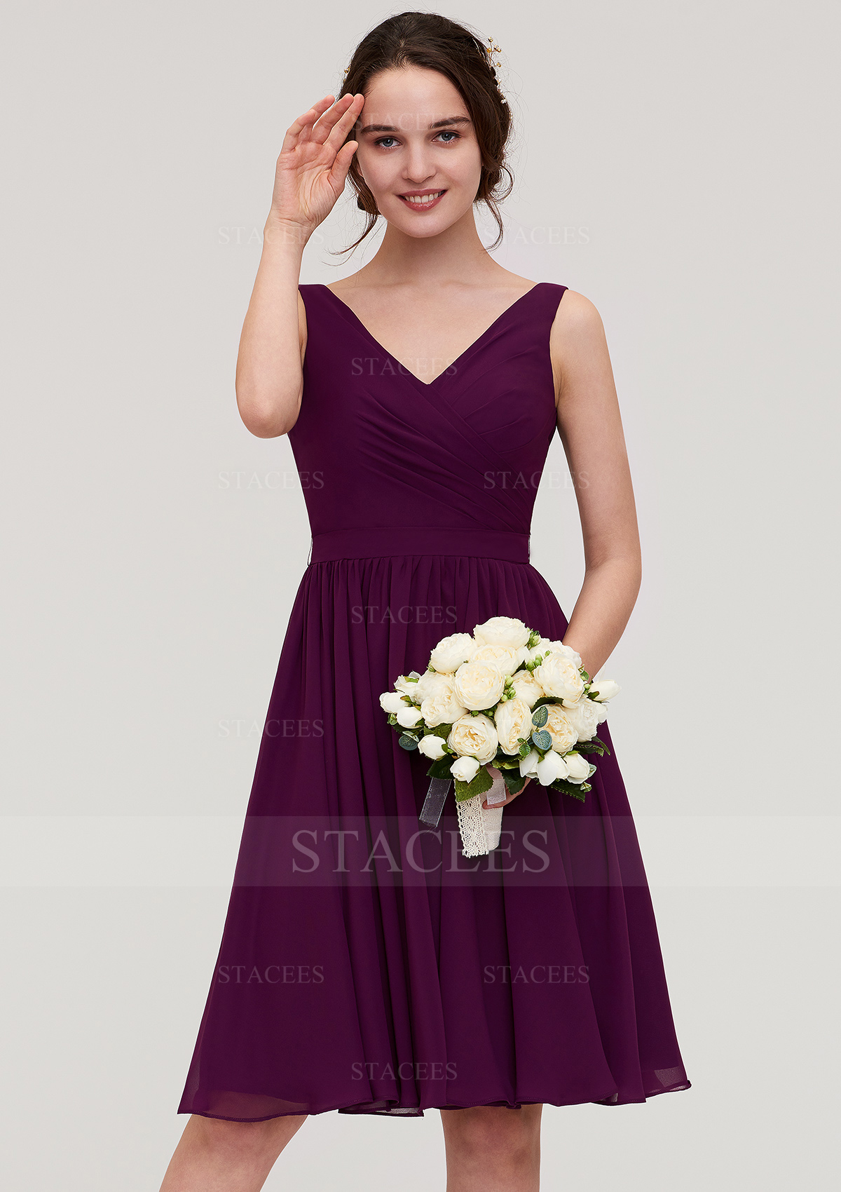 Vestido línea a escote en v gasa hasta la rodilla vestido de dama de honor