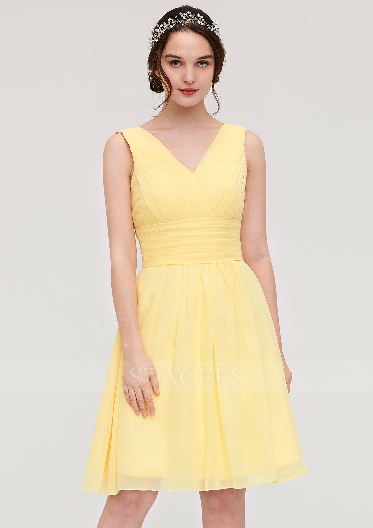 Vestido línea a escote en v gasa hasta la rodilla vestido de dama de honor